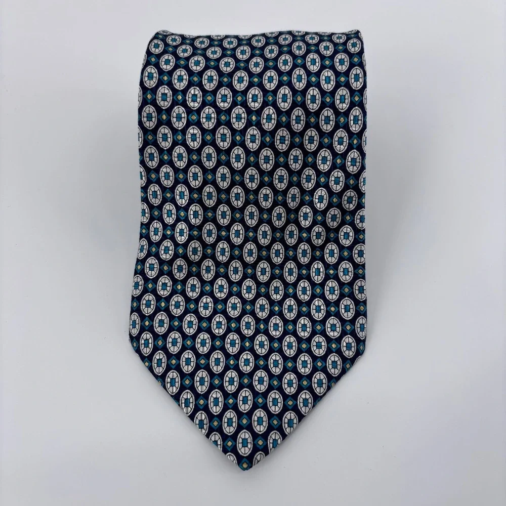 Brooks Brothers Makers Silk Geometric Medallion Necktie Mens OS Navy Gold NEW